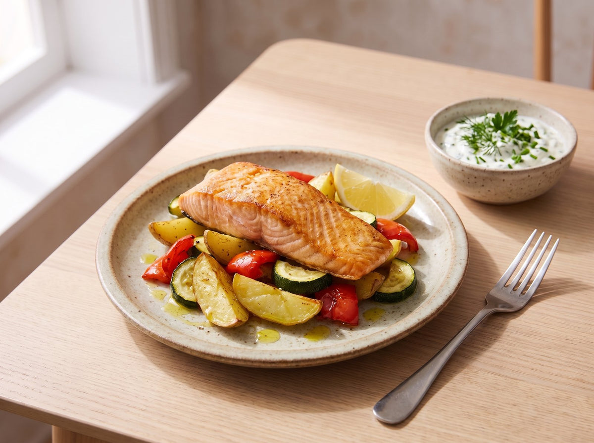 Lachs mit Ofengemüse und Kräuterquark
