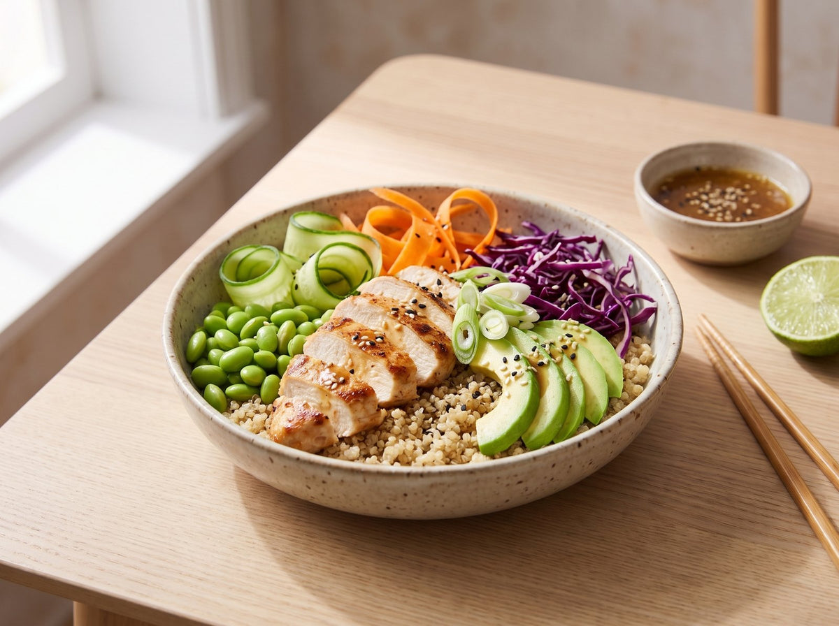 Poulet-Bowl mit Quinoa, Edamame und Sesam