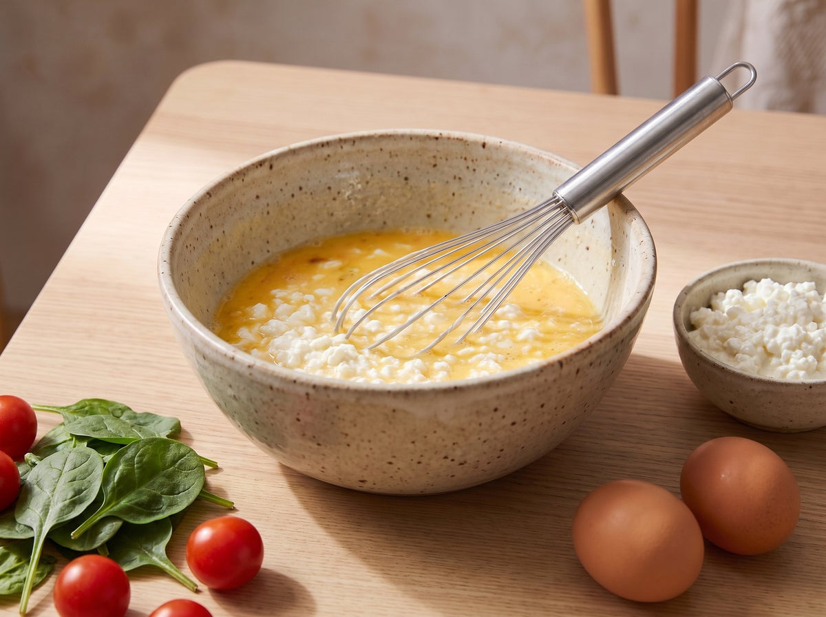 Eier mit Hüttenkäse, Salz und Pfeffer verquirlen. Tomaten halbieren.