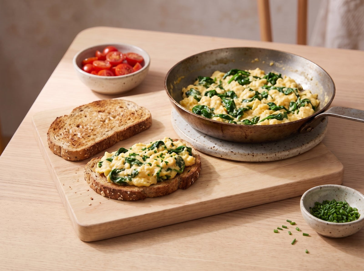 Brot rösten, Rührei darauf verteilen und mit Tomaten und Schnittlauch servieren.