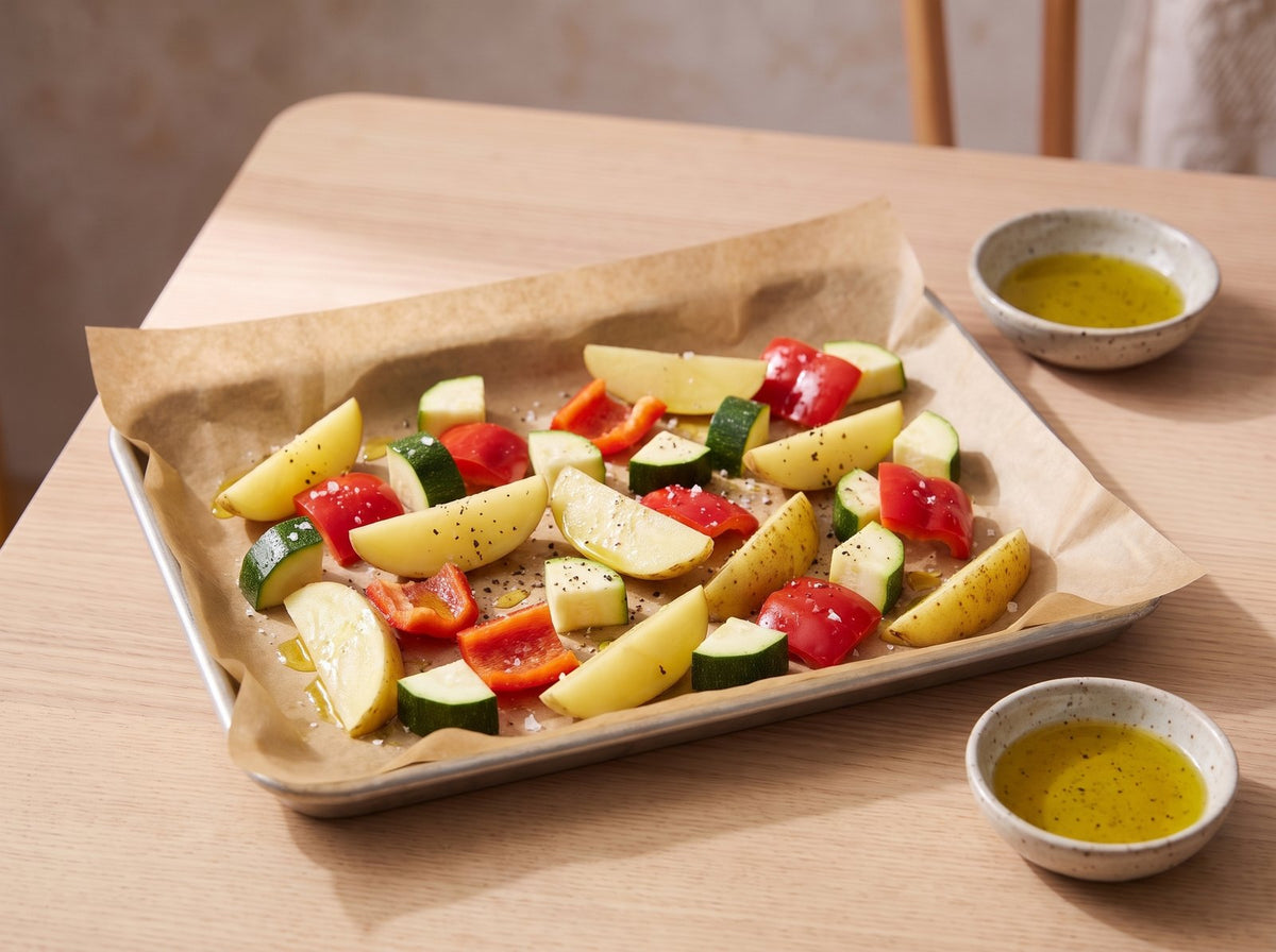 Ofen auf 200 °C Umluft vorheizen. Kartoffeln in Spalten, Zucchini und Peperoni...