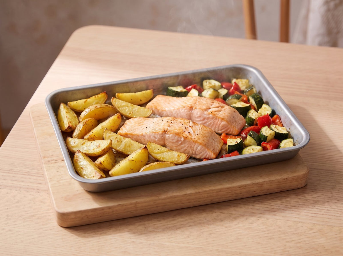 Lachs salzen, zwischen das Gemüse legen und alles weitere 10–12 Minuten garen.