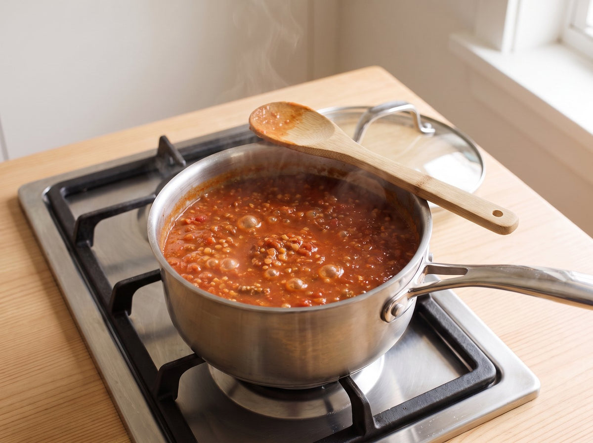 Tomatenmark kurz mitrösten. Linsen, Passata, Wasser und Gewürze dazugeben und zugedeckt 20...