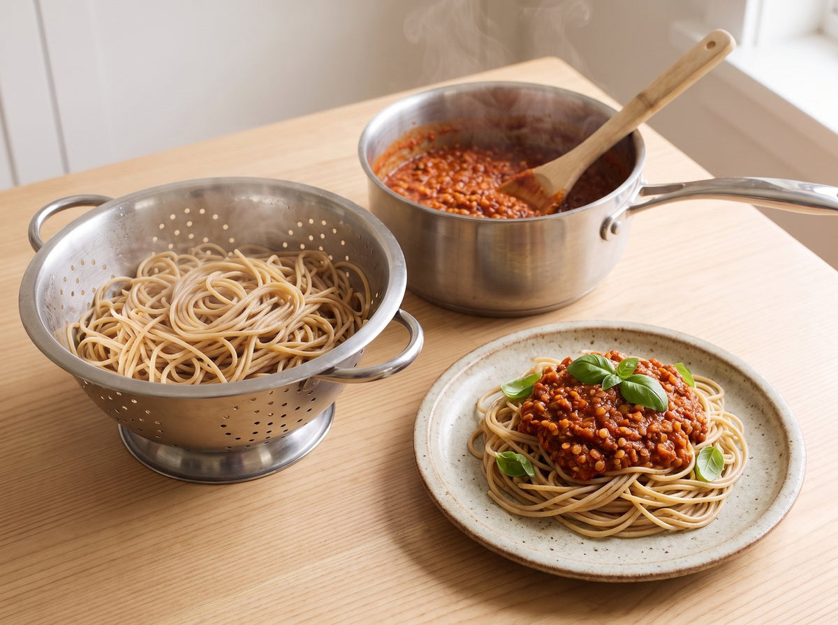 Die Sauce abschmecken, mit den Spaghetti anrichten und mit Basilikum servieren.
