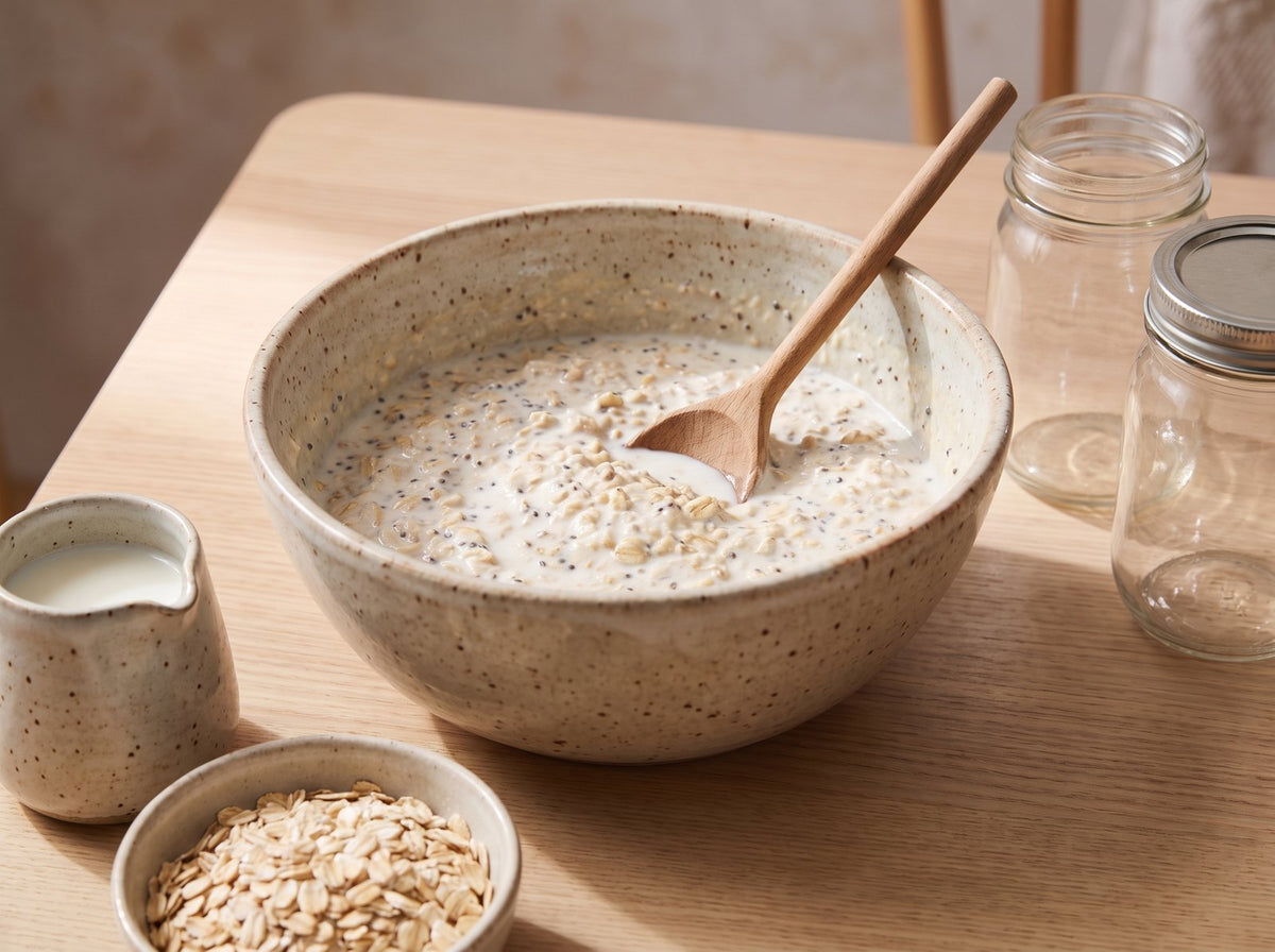 Haferflocken, Skyr, Milch, Proteinpulver, Chiasamen und Zimt in einer Schüssel glatt rühren...