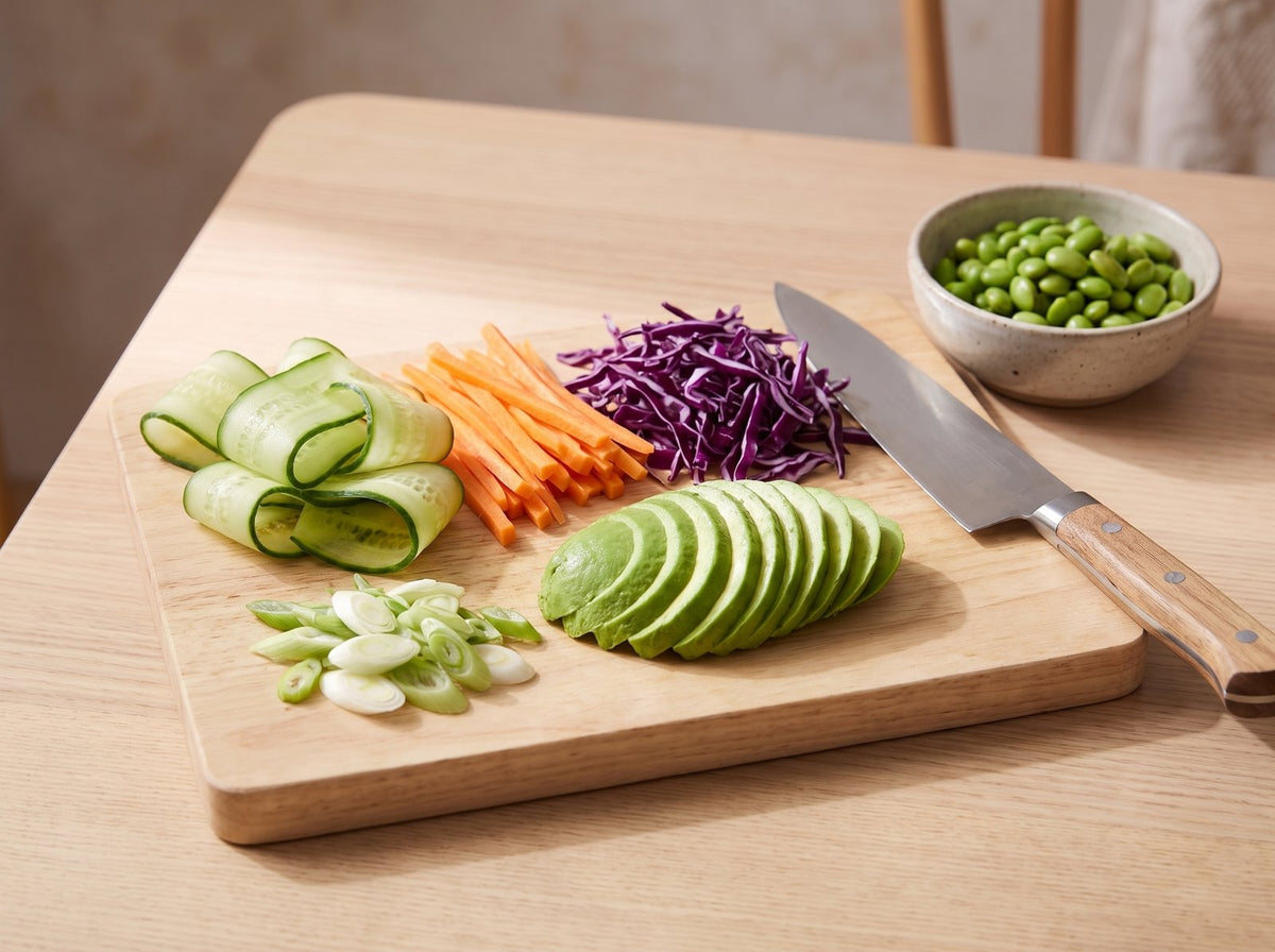 Edamame 3 Minuten in kochendem Wasser garen. Gurke, Karotte und Rotkohl in...