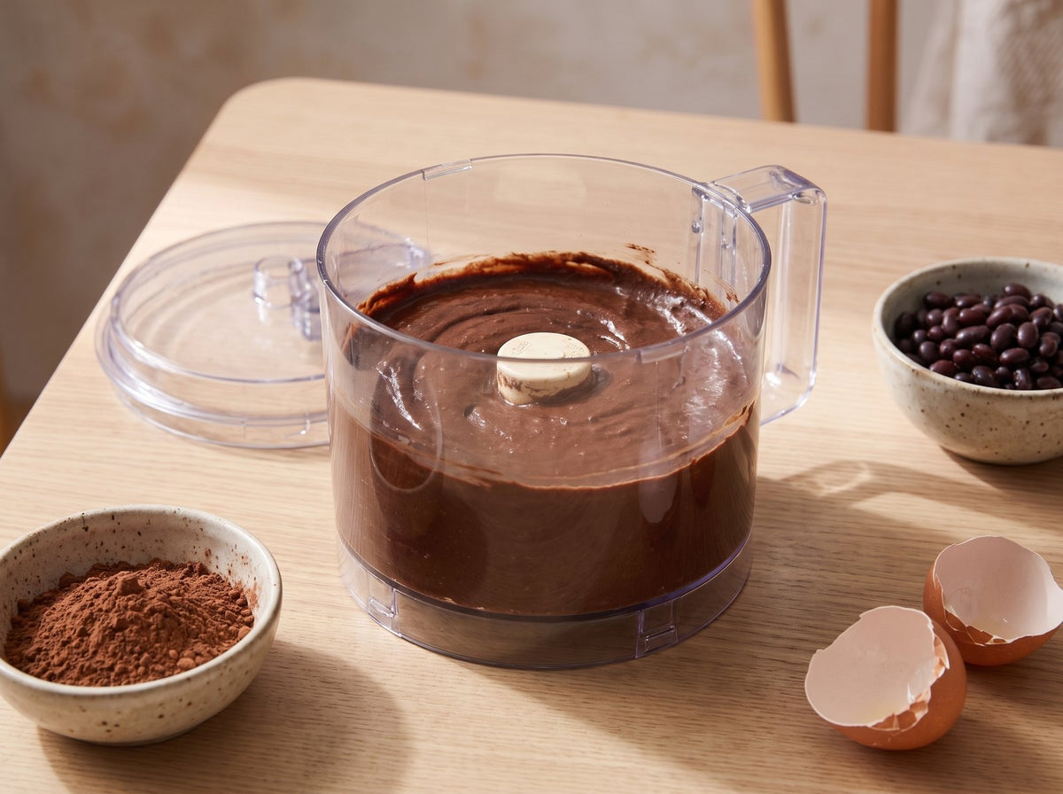 Bohnen, Eier, Kakao, Proteinpulver, Süssungsmittel, Erdnussbutter, Backpulver und Salz im Mixer zu...