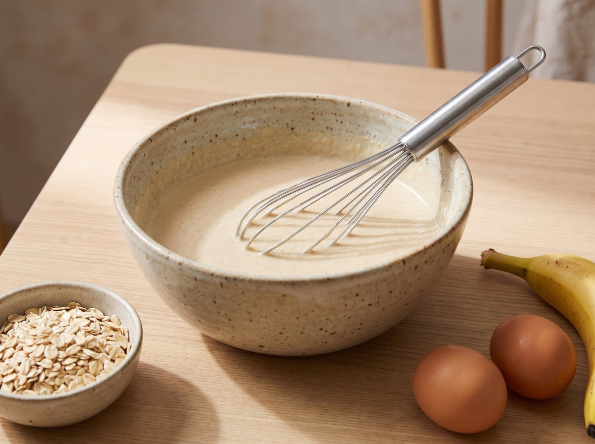 Haferflocken im Mixer fein mahlen. Banane, Eier, Skyr, Milch, Proteinpulver, Backpulver und...