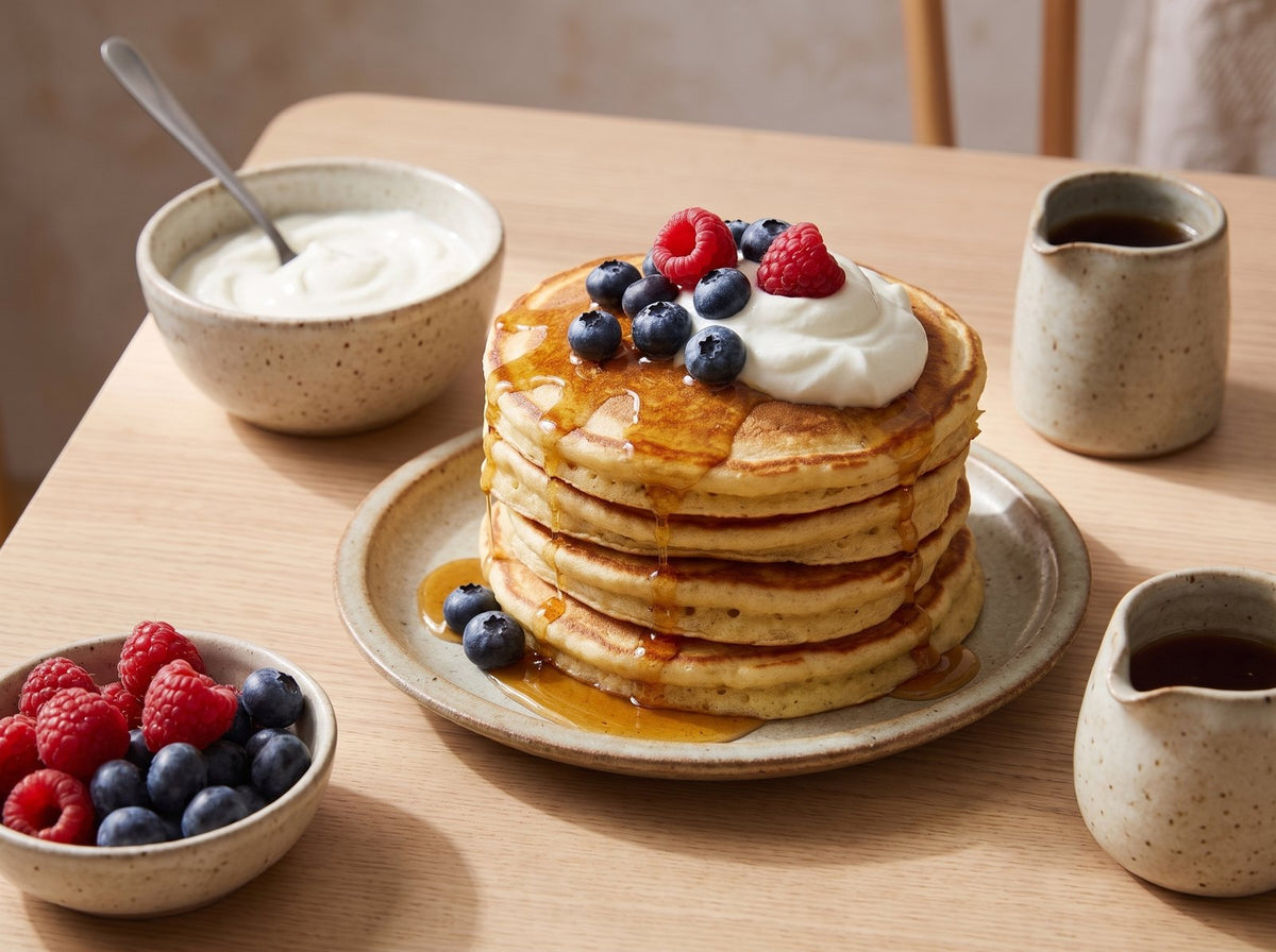 Pancakes stapeln, mit Skyr, Beeren und Zero-Sirup toppen und mit Minze garnieren.