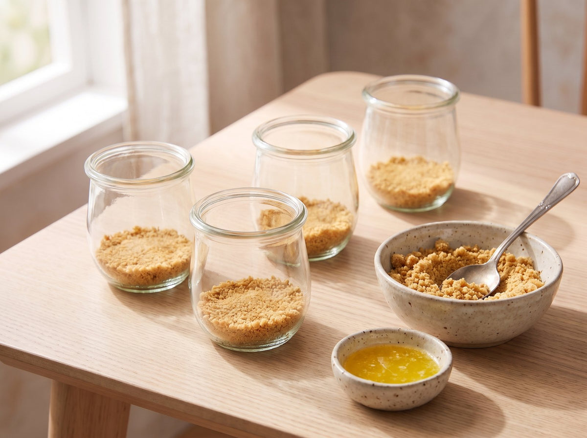 Kekse in einem Gefrierbeutel fein zerbröseln, mit der geschmolzenen Butter mischen, auf...