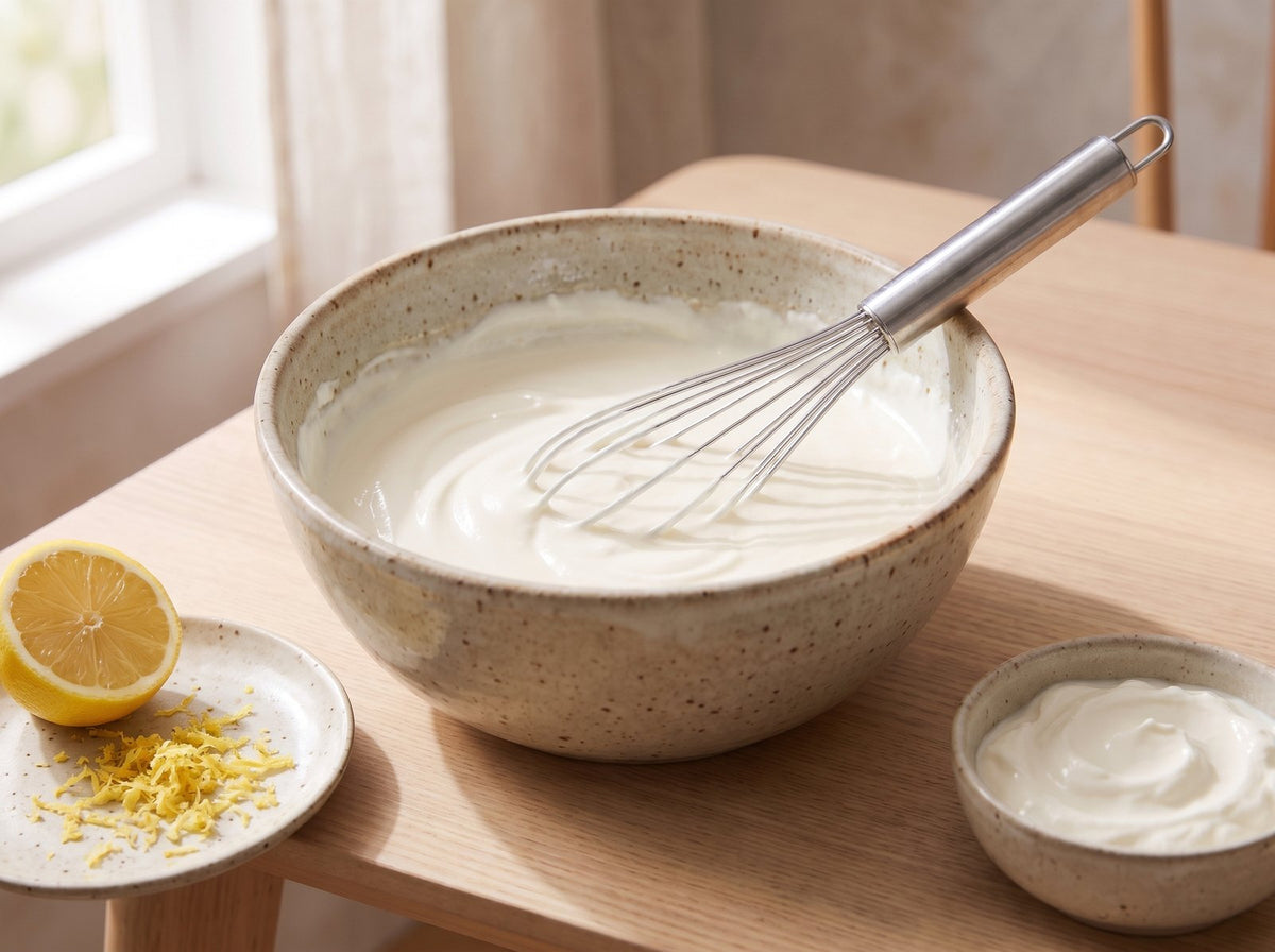 Skyr, Frischkäse, Proteinpulver, Zero-Sirup, Zitronenabrieb und Zitronensaft cremig rühren.