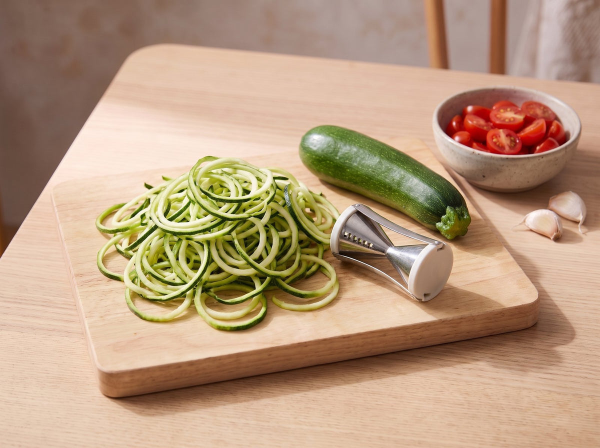 Zucchini mit einem Spiralschneider zu Nudeln drehen. Tomaten halbieren, Knoblauch fein hacken.